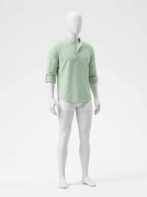 Chemise col mao coton lin homme manches longues boutonnage partiel - Vue 1 - Chemise col mao