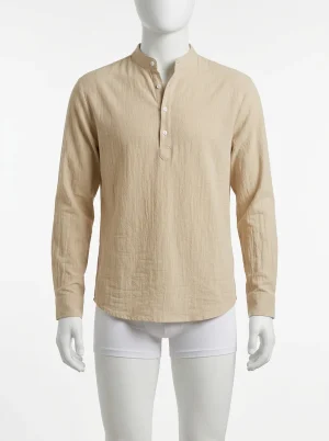 Chemise col mao coton lin homme resort décontractée - Vue 1 - Chemise col mao